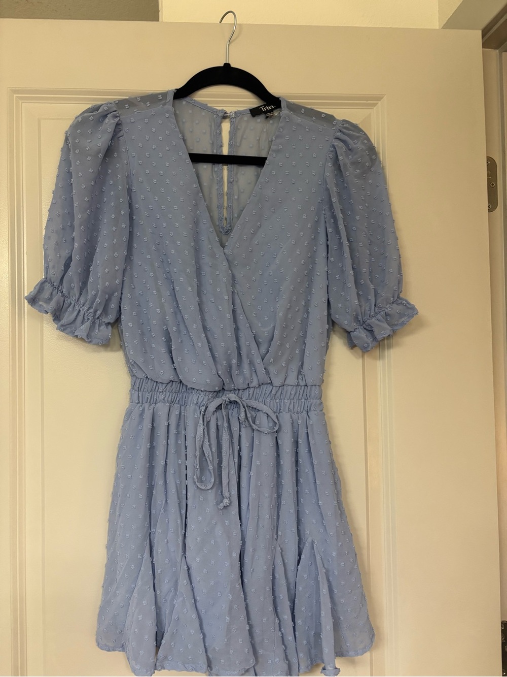 Tobi Light Blue Textured V-Neck romper with Tie Waist